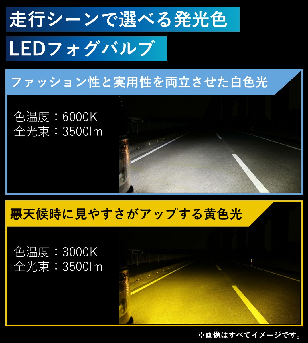 走行シーンで選べる発光色LEDフォグバルブ
